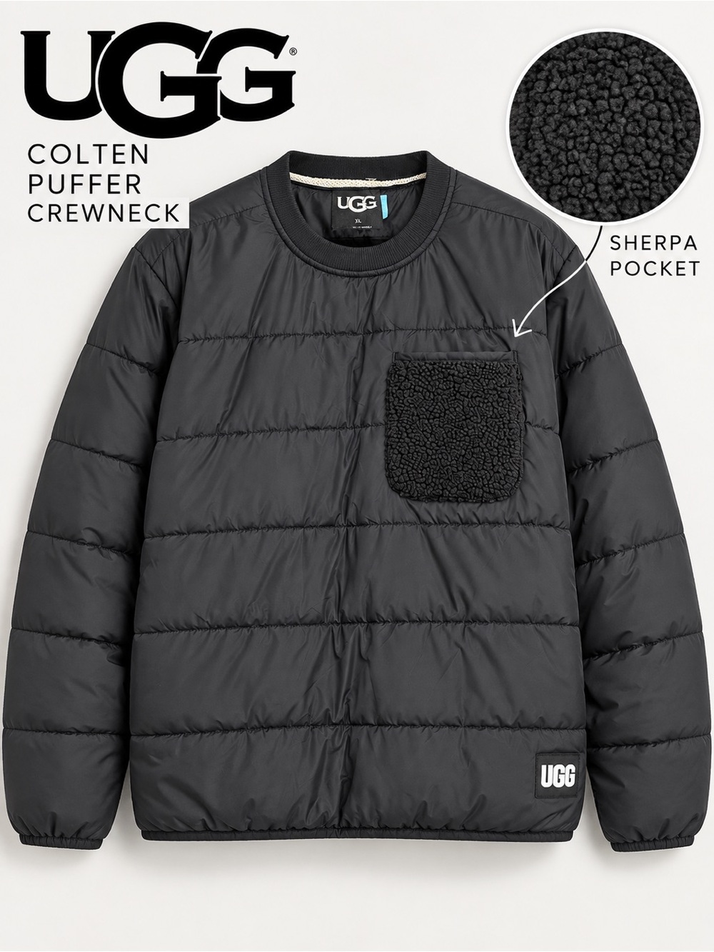 UGG Men’s Colten Puffer Crewneck Dark Charcoal Sherpa Pocket XL
